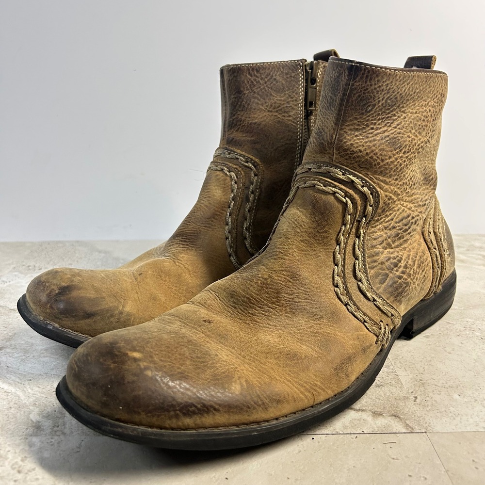 Bed Stu Distressed Tan Leather Whipstitch Side Zip Boots Mens 8.5 Rustic Rugged